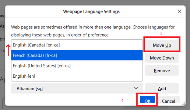 Selected french(canada) and move up. Press ok